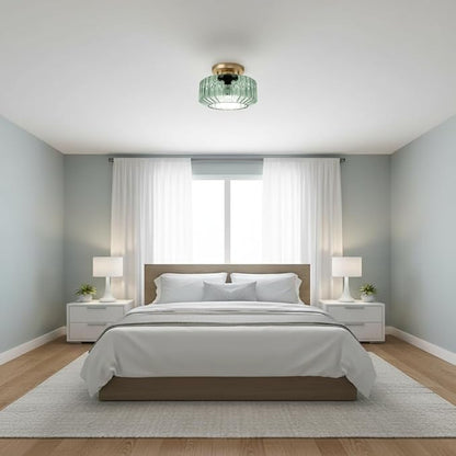Sage Green Ribbed Glass Semi-Flush Mount Ceiling Light, 8.66" Mid-Century Modern Gold Light Fixture, E26 Base 1-Light Ceiling Lamp for Bedroom Bathroom Kitchen Hallway