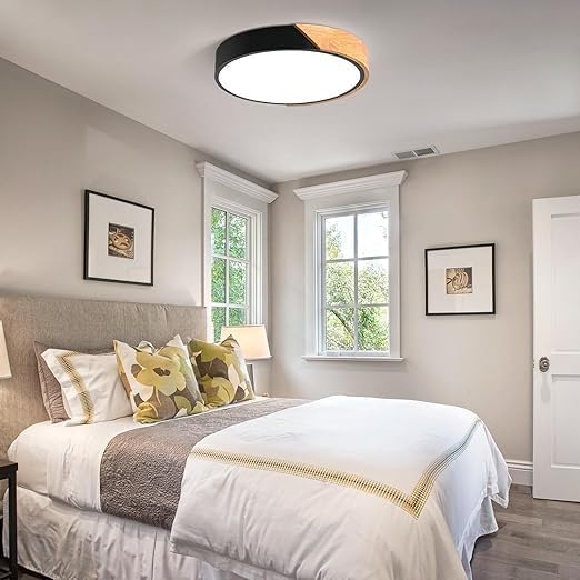 Modern Dimmable Wood Ceiling Light, Minimalist LED 5CCT 2700K-6000K Flush Mount Ceiling Light Fixture, Round Lighting Lamp for Bedroom, Laundry Room, Hallway, Entryway, Black, 11.8"