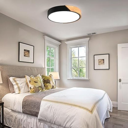 Modern Dimmable Wood Ceiling Light, Minimalist LED 5CCT 2700K-6000K Flush Mount Ceiling Light Fixture, Round Lighting Lamp for Bedroom, Laundry Room, Hallway, Entryway, Black, 11.8"