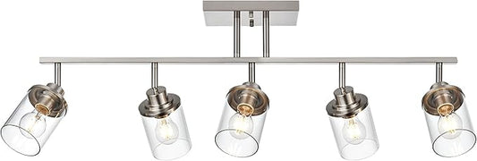 5-Light Wall/Ceiling Track Lighting Kit in Brushed Nickel Semi Flush Mount Ceiling Light with 5 Rotatable Light Heads Modern Vanity Lights for Bathroom, Clear Glass Shade