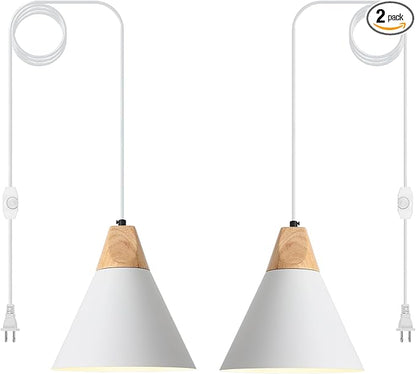 Plug in Pendant Light, 2 Pack 9.4inch Hanging Lights with Plug in Cord 14.7 ft, White Pendant Light Plug in, Hanging Pendant Light, Hanging Lamp Plug in for Bedroom Living Room Kitchen Island