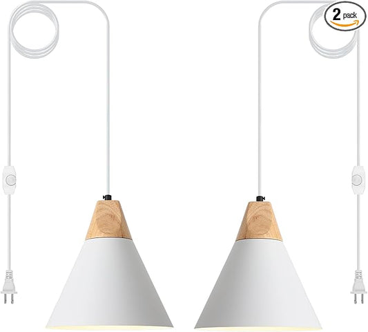 Plug in Pendant Light, 2 Pack 9.4inch Hanging Lights with Plug in Cord 14.7 ft, White Pendant Light Plug in, Hanging Pendant Light, Hanging Lamp Plug in for Bedroom Living Room Kitchen Island
