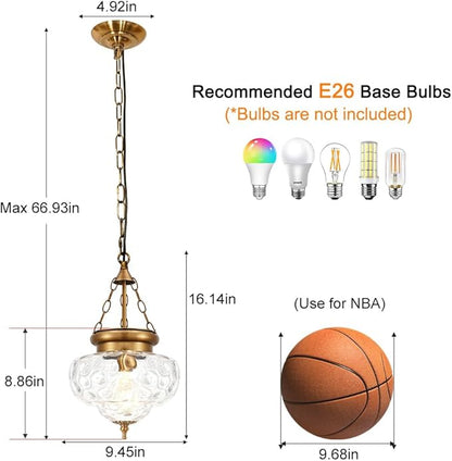 Vintage Pendant Light - Bronze Gold Pendant Lights Kitchen Island with Hammered Glass Shade, Brass Penant Lighting Fixtures with Adjustable Hanging Chain for Kitchen, Dining Room, Entryway