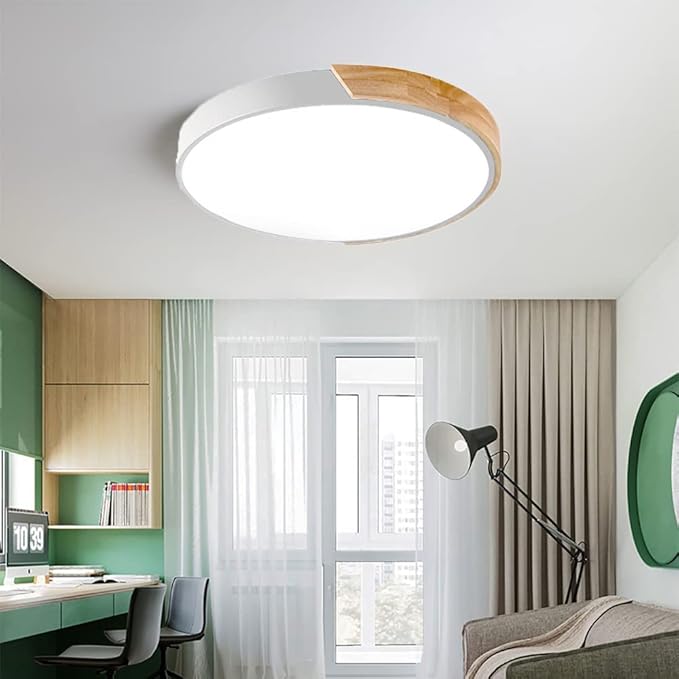 LED Ceiling Light Fixture,10 Inch Modern Wood Recessed Ceiling Lights, Dimmable Light,12W White Close to Ceiling Lighting Flush Mount Living Room Bedroom,3000K-6000K