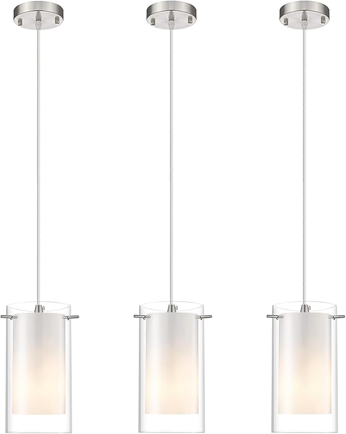 AKEZON 3-Light Pendant Light, Indoor Glass Hanging Light Fixture, Adjustable Height, Brushed Nickel Finish for Kitchen Dining Room