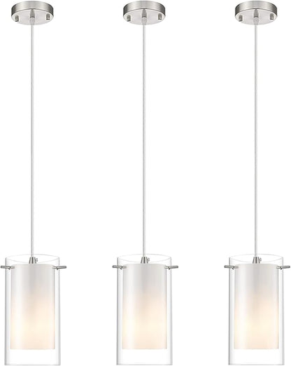 AKEZON 3-Light Pendant Light, Indoor Glass Hanging Light Fixture, Adjustable Height, Brushed Nickel Finish for Kitchen Dining Room
