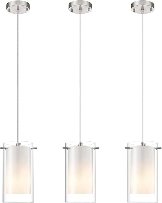 AKEZON 3-Light Pendant Light, Indoor Glass Hanging Light Fixture, Adjustable Height, Brushed Nickel Finish for Kitchen Dining Room