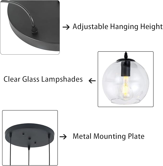 3 Lights Hanging Pendent Ceiling Chandelier, Mid Century Modern Industrial Farmhouse Kitchen Light with Clear Glass Shades