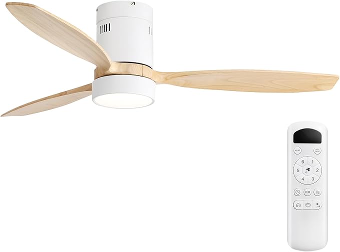 Sofucor 52 Inch Ceiling Fans with Lights and Remote, Modern Wood Low Profile Flush Mount Quiet Ceiling Fan for Bedroom, Reversible DC Motor for Living Room/Farmhouse/Patio/Indoor/Outdoor