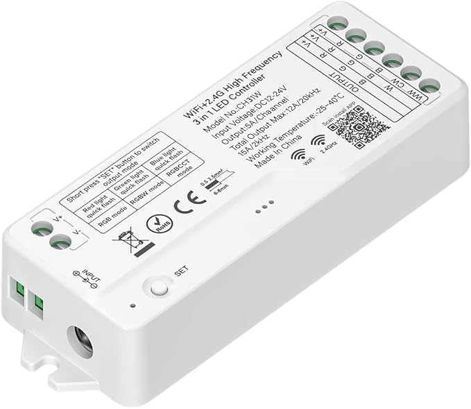 BTF-LIGHTING CH31W WiFi Bluetooth Smart RGB Controller 20kHz High Frequency PWM Dimmer for No Flicker No Buzzing RGB RGBW RGBCCT LED Strips Works with Alexa Google Home Smart Life App (No Remote)