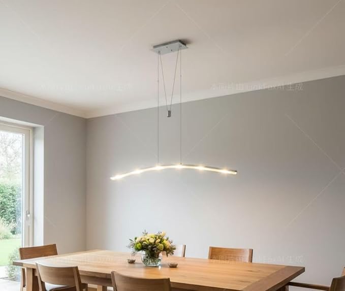Linear LED Pendant Light Fixture Hanging Chandelier Poor Table Lights Height Adjustable 27W 3000K Warm Lamps for Living Dining Room Kitchen Island Bedroom Bar Restaurant, Brushed Aluminum.