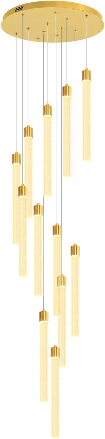 118'' Modern Glam Crystal Column Chandelier for High Ceiling LED Dimmable Pendant Light Staircase Foyer Enterway Living Room Ceiling Chandelier Lighting Gold 12 Lights