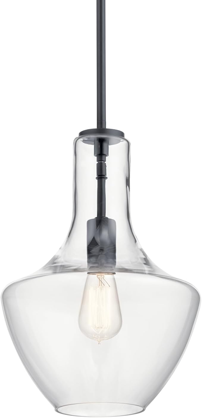 Kichler Everly 1-Light Pendant Light Fixture with Clear Glass Bell Shade in Black Finish for Kitchen Island, Dining Room, Living Room (15.25" x 10.5"), 42141BK