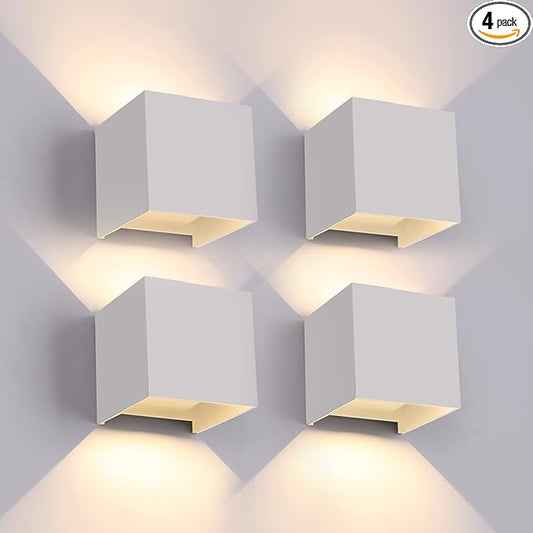 Mille Lucciole 12W 4Pack Outdoor Wall Lights Exterior/Interior,LED White Outdoor Wall Sconces Light Fixtures Modern,IP65 Waterproof Square Aluminum Wall Lamps, Up and Down Lights 3000K Warm Lights