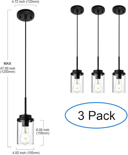 MELUCEE 3 Pack Hanging Pendant Lighting Fixtures Black, Adjustable Hanging Ceiling Lamp with Clear Glass Shade, Modern Pendant Light for Kitchen Island Dining Room Bedroom Hallway