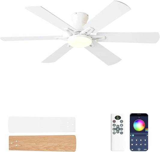 Ceiling Fans with Lights, 52" Flush Mount Ceiling Fan with Light and Remote, Quiet, Reversible, 3CCT, Dimmable, White, RGB, Low Profile Ceiling Fan for Bedroom, Living Room, Indoor/Outdoor Use