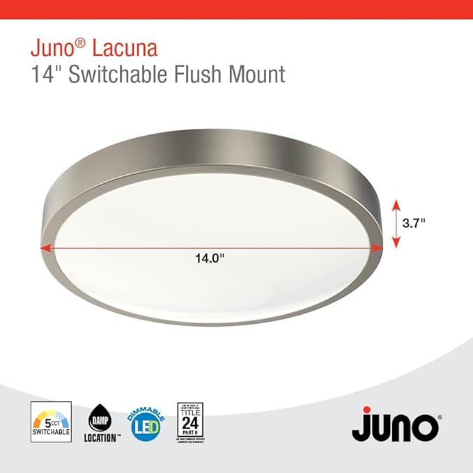 Juno 14 Inch Round LED Flush Mount Ceiling Light, Lacuna Series Low Profile Modern Ceiling Light Fixture, 5-in-1 Switchable White Color Temperature, Dimmable, Brushed Aluminum