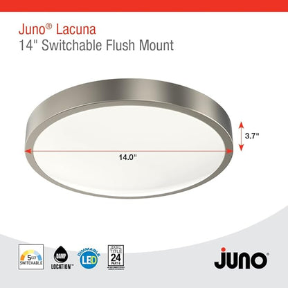 Juno 14 Inch Round LED Flush Mount Ceiling Light, Lacuna Series Low Profile Modern Ceiling Light Fixture, 5-in-1 Switchable White Color Temperature, Dimmable, Brushed Aluminum