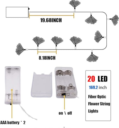 Fiber Optic Flower String Light, 14ft 20 Led Flower Light Waterproof, Battery Powered, for Bedroom, Christmas Tree, Garland, Wedding Party, New Year, Garden Romantic Decor Warmwhite