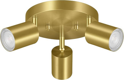 3 Light Track Lighting Fixtures Ceiling, Gold Round Directional Ceiling Spotlight, GU10 Flush Mount Track Fixture, Adjustable Modern LED Ceiling Lights for Kitchen/Living Room, Bulb Not Included