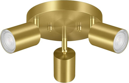 3 Light Track Lighting Fixtures Ceiling, Gold Round Directional Ceiling Spotlight, GU10 Flush Mount Track Fixture, Adjustable Modern LED Ceiling Lights for Kitchen/Living Room, Bulb Not Included