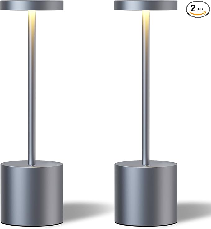TBBGA 2 Pack Cordless Table Lamps, 5000mAh Rechargeable Battery Powered Lamp, Portable 3 Color Stepless Dimming Desk Lamp,LED Table Light for Outdoor/Cafe/Restaurant/Camping/Home. (Iron Grey)
