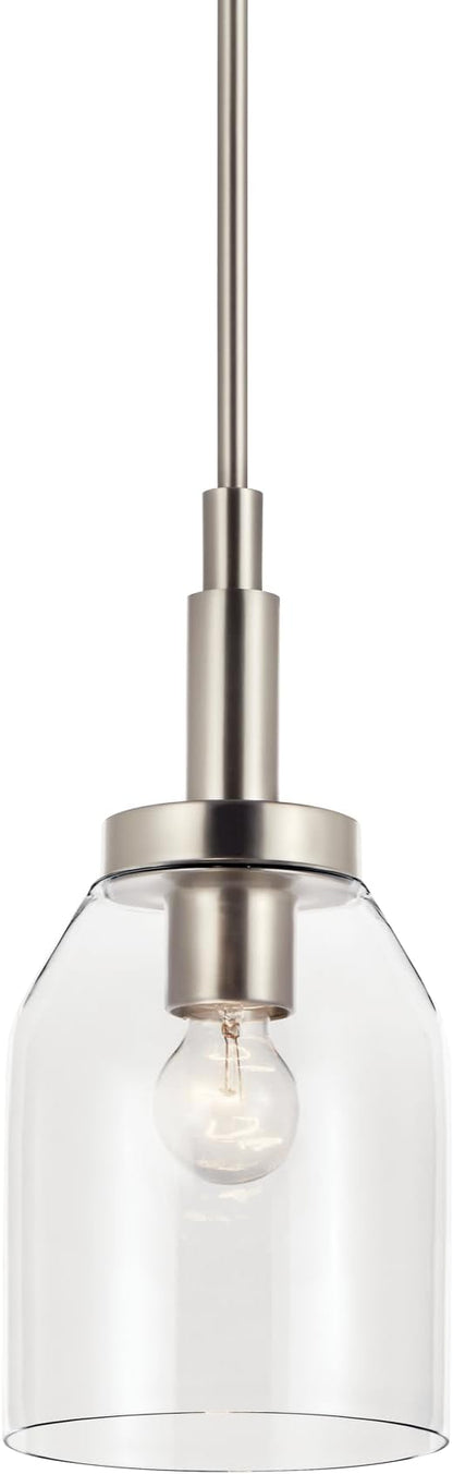 Kichler Madden 1-Light Mini Pendant Light Fixture with Clear Glass in Brushed Nickel, Sloped Ceiling Compatible for Kitchen Island or Bathroom (15" x 7"), 52725NI