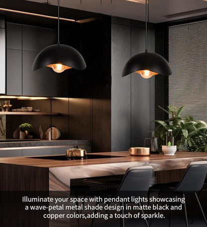 Modern Wave Pendant Light, 11" Black and Gold Dome Shade, LED Ceiling Light Fixture with Globe Bulb, Contemporary Hanging Light for Kitchen, Dining Room, Bedroom