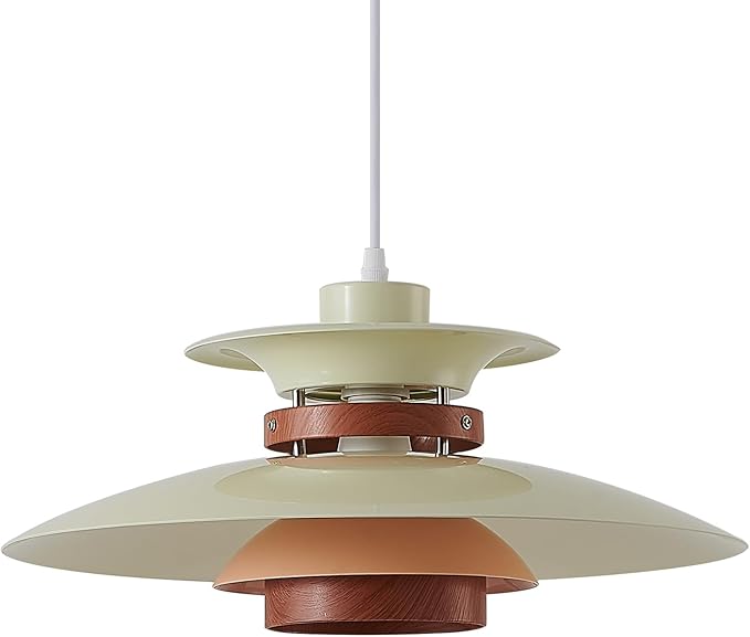 EFINEHOME Modern Decor Adjustable Pendant Lamp Kitchen Island, Aluminum and Wood Finish,1-Light E26 Base Ceiling Hanging Light for Dining Room Shop Restaurant (Beige+Dark Wood Grain, 40cm)
