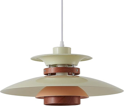 EFINEHOME Modern Decor Adjustable Pendant Lamp Kitchen Island, Aluminum and Wood Finish,1-Light E26 Base Ceiling Hanging Light for Dining Room Shop Restaurant (Beige+Dark Wood Grain, 40cm)