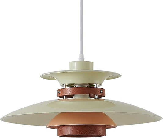 EFINEHOME Modern Decor Adjustable Pendant Lamp Kitchen Island, Aluminum and Wood Finish,1-Light E26 Base Ceiling Hanging Light for Dining Room Shop Restaurant (Beige+Dark Wood Grain, 35cm)