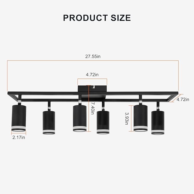Ketom 6-Light Track Lighting Fixtures Ceiling, GU10 Black Led Ceiling Spotlight, Modern Track Light Kit for Kitchen Hallway Living Room