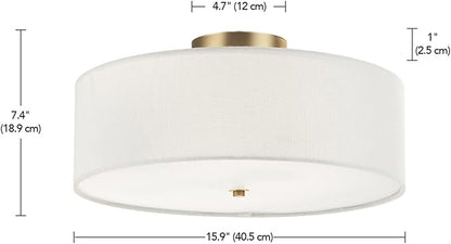 Globe Electric 2-Light Flush Mount Ceiling Light, Matte Brass Finish, White Linen Shade, E26 Base, Dimmable, Minimalist Home Lighting, 60998