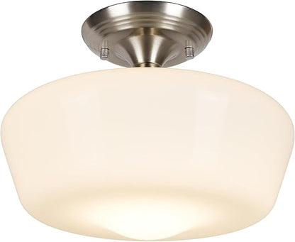 Schoolhouse Style Semi Flush Mount Ceiling Light Fixture, 12" Modern Hallway Ceiling Lamp with Opal Milk Glass Shade Brass, Farmhouse Globe Light for Bedroom Kitchen Hallway Entryway Laundry