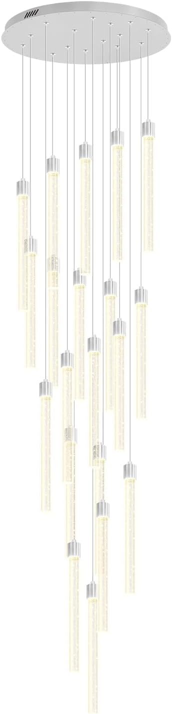 138'' Long Crystal Column Chandelier Extra Large Staircase High Ceiling Chandelier Silver 20-Lights Dimmable Led Pendant Lighting Foyer Entryway Light Source is Replaceable
