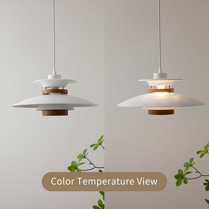 EFINEHOME Modern Decor Adjustable Pendant Lamp Kitchen Island, Aluminum and Wood Finish,1-Light E26 Base Ceiling Hanging Light for Dining Room Shop Restaurant (White+Dark Wood Grain, 40cm)