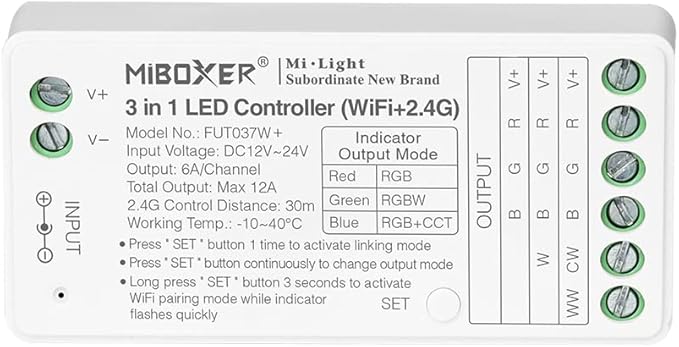 LGIDTECH FUT037W+ Miboxer 3 in 1 LED Strip Light Controller DC12-24V,Smartphone APP Control Directly,Compatible with Amazon Echo Alexa Google Home Voice Control