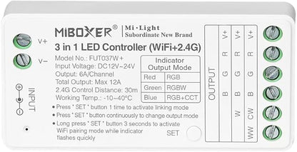 LGIDTECH FUT037W+ Miboxer 3 in 1 LED Strip Light Controller DC12-24V,Smartphone APP Control Directly,Compatible with Amazon Echo Alexa Google Home Voice Control