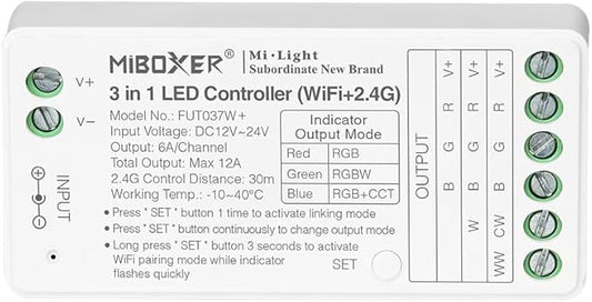 LGIDTECH FUT037W+ Miboxer 3 in 1 LED Strip Light Controller DC12-24V,Smartphone APP Control Directly,Compatible with Amazon Echo Alexa Google Home Voice Control