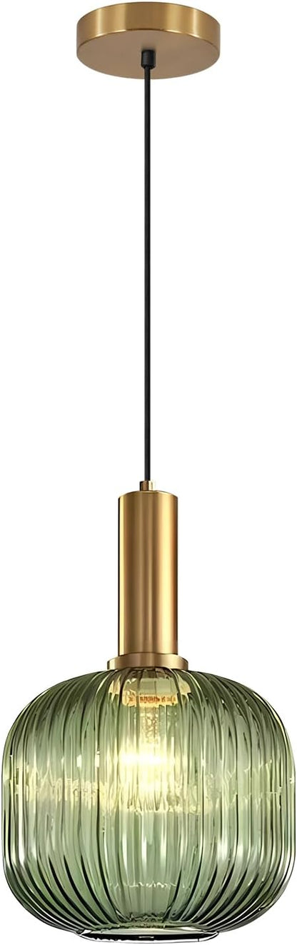 BOKT Mid Century Modern Green Glass Pendant Light Large Gold Globe Kitchen Island Pendant Light Fixture Minimalist Anti Brushed Brass Round Ceiling Hanging Pendant Lamp (7.9" Green)