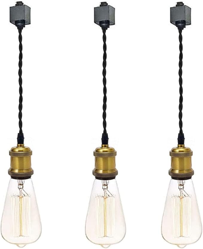 Kiven 3-Light H-Type Wire Track Light Pendants, 15.7 Inch Cord Length Black Weave Rope, Restaurant Chandelier Decorative Pendant Light Industrial Factory Pendant Lamp 3 Pack,Bulb Not Included（Gold）