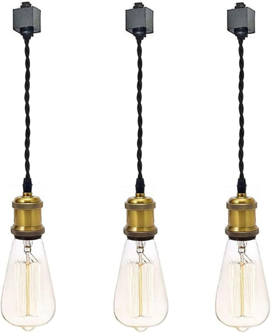 Kiven 3-Light H-Type Wire Track Light Pendants, 15.7 Inch Cord Length Black Weave Rope, Restaurant Chandelier Decorative Pendant Light Industrial Factory Pendant Lamp 3 Pack,Bulb Not Included（Gold）