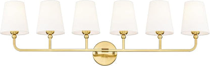 Bathroom Light Fixtures, 42 Inch Brushed Gold Vanity Lights with Flared White Fabric Shade, 6-Light Wall Sconce, Modern Sconces Wall Lighting for Hallway Bedroom, VL837-BG-6