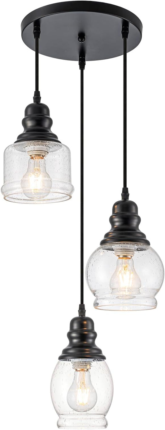 WILON Pendant Light Fixtures, 3 Light Pendant Lighting for Kitchen Island Industrial Hanging Pendant Lighting with Seeded Glass Shade, Black Glass Pendant Light for Dining Room Kitchen Island