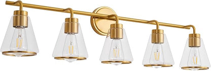 Gold Vanity Light 5 Lights 38.5" Large Vanity Lights for Bathroom, Wall Sconces Light with Clear Glass Shade, Light Fixtures for Bathroom, Living Room, Kitchen, Bedroom, E26 Base