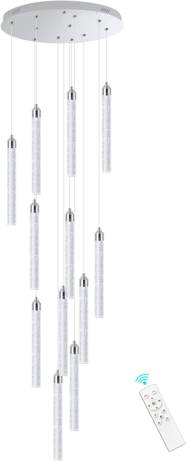 12-Lights Modern Chandeliers for Entryway High Ceiling Chandelier LED Dimmable Long Lights Fixture Pendants Lighting Crystal Chandeliers for Hallway Foyer Living Room Silver Finished Lighting