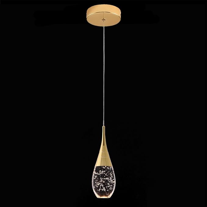 JoollySun Mini Crystal Pendant Light: 1-Light Teardrop Dimmable 3-Color LED Pendant for Kitchen Island Bathroom - Polished Gold