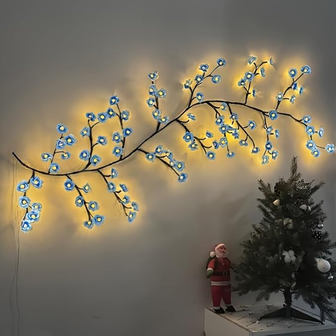 Blue Cherry Blossom Tree Branch Lights for Wall,Cherry Enchanted Willow Vine Lights,with 144 LED and 8 Lighting Modes,Remote Timer,for Bedroom Wall Doors Windows Wedding Christmas Holiday (90inch)