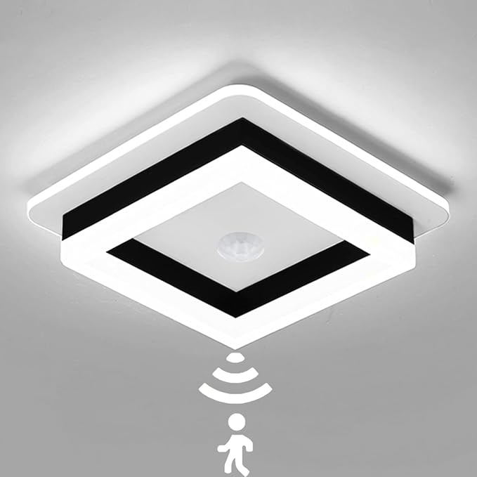 Motion Sensor LED Ceiling Light Indoor, 24W Black Mount Motion Activated 7.87inch Flush Mount Lighting Fixture for Closet Laundry Bathroom Hallway Stair Porch Basement, Cool White