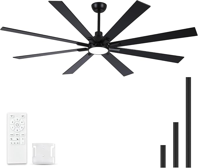 72 Inch Ceiling Fans with Lights and Remote, Black Large Ceiling Fan for Bedroom Living Room Indoor/Outdoor, Quiet 6 Speed Reversible DC Motor, 3CCT, Downrod, Dual Color 8 Blades, ETL Listed